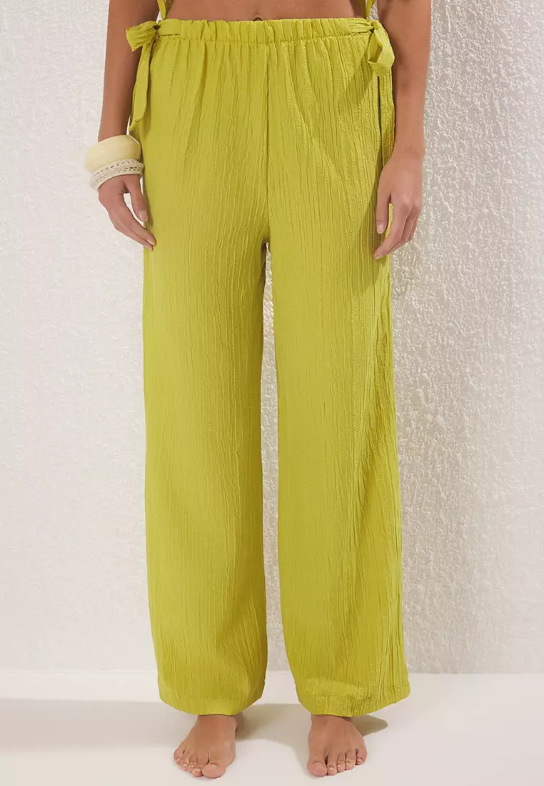 Oil Green Woven Binding Detailed Deep V Neck Beach Blouse Pants Suit Tbess25Au00088