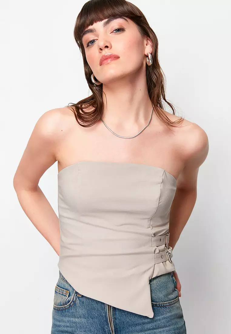 Strapless Blouse with Belt Buckle