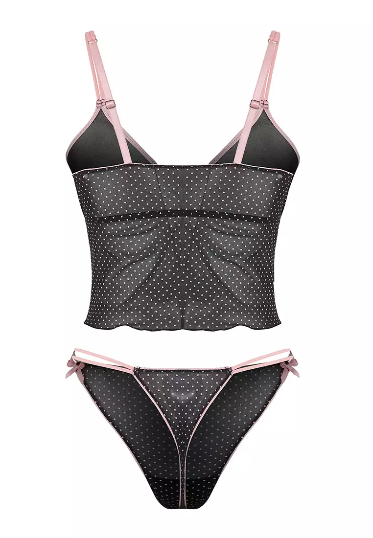 Black Tulle Polka Dot Ribbon/Bow Detail Unlined Knitted Underwear Set THMSS25CC00026