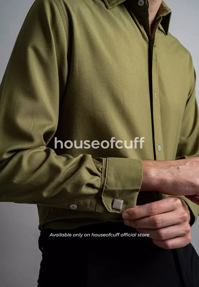 Houseofcuff Kemeja Kerja Formal Pria Model French Cuff / Double Cuff Dengan Cufflinks Warna Hijau Olive (Incl.Collar Stay + Cufflinks )