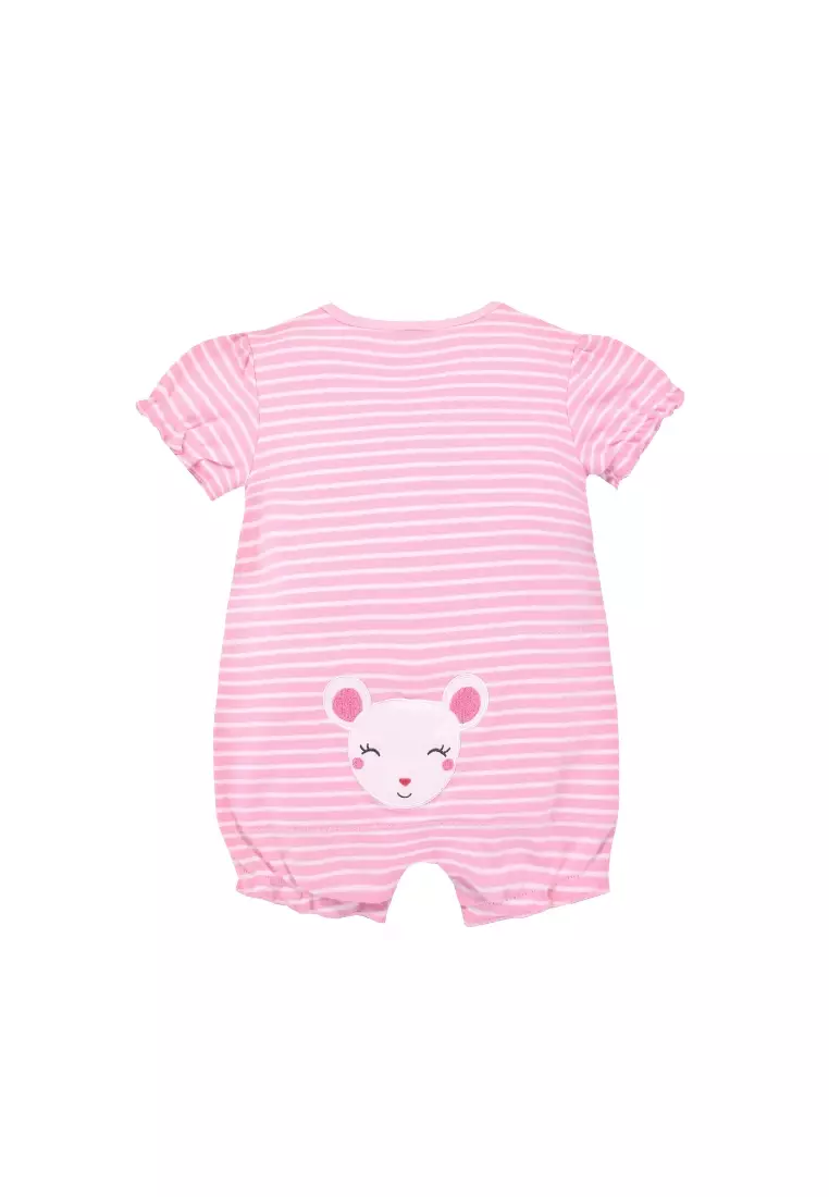 Baby Girl Romper Pink Stripes w Embroidered Little Mouse