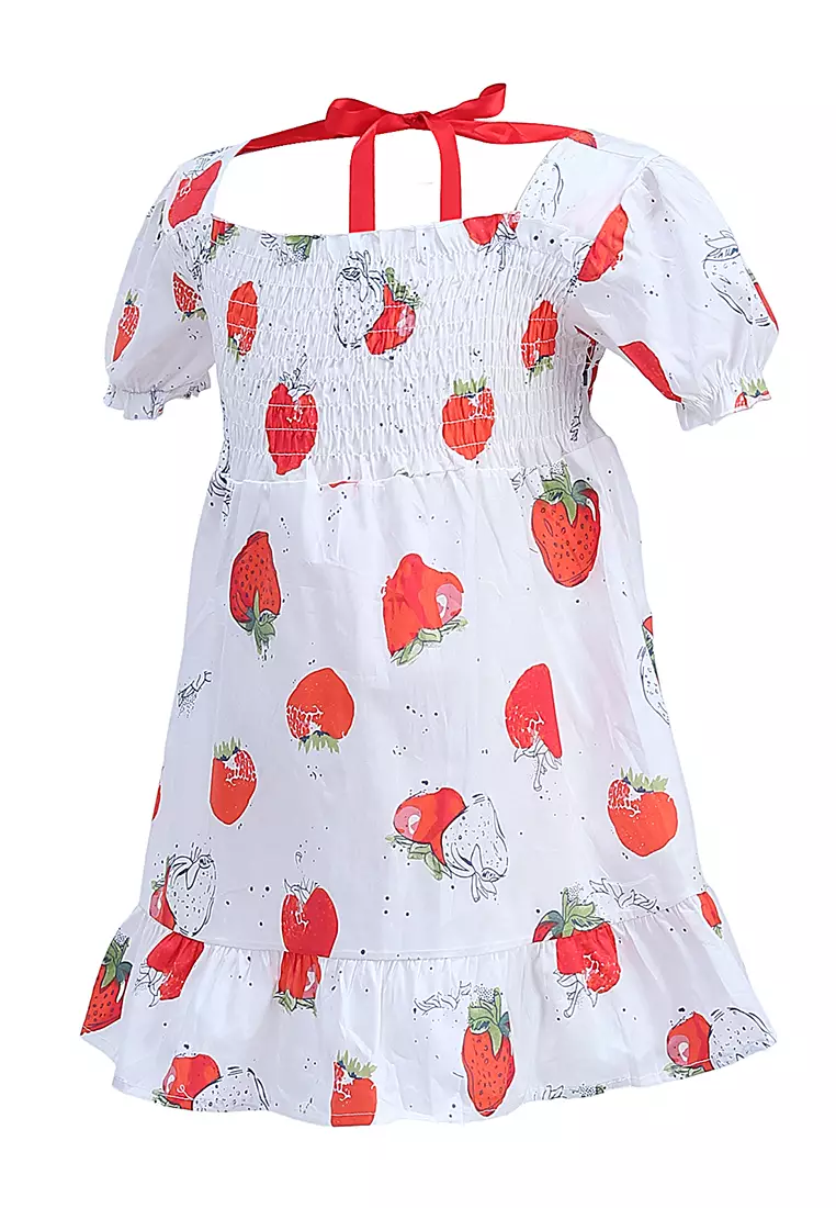 Bianca Gaun Anak Perempuan Motif Strawberry Kids Dresses Short Sleeve Material Cotton ORIGINAL - White