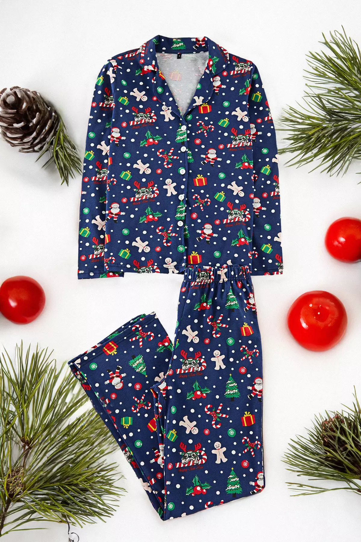 Navy Blue 100% Cotton Christmas Themed Knitted Pajama Set