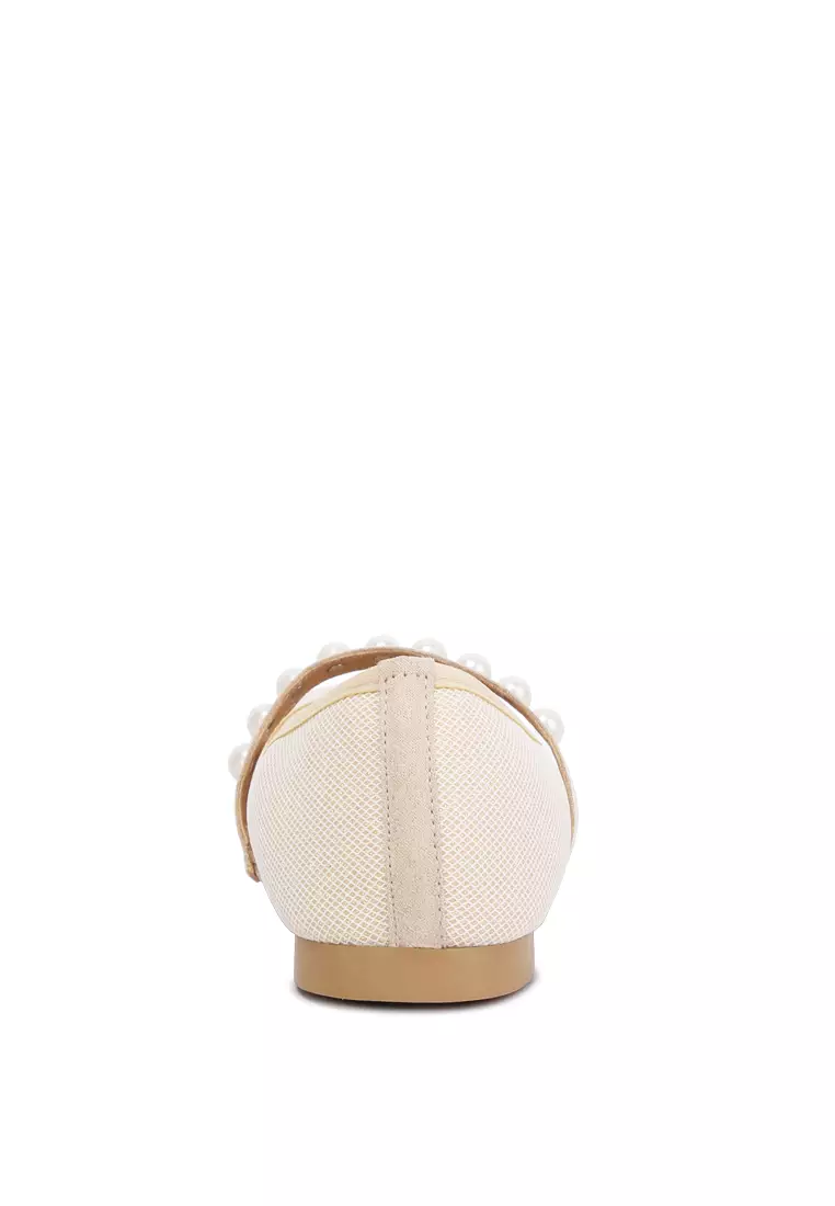 Flat Balerina Berhias Mutiara Krem