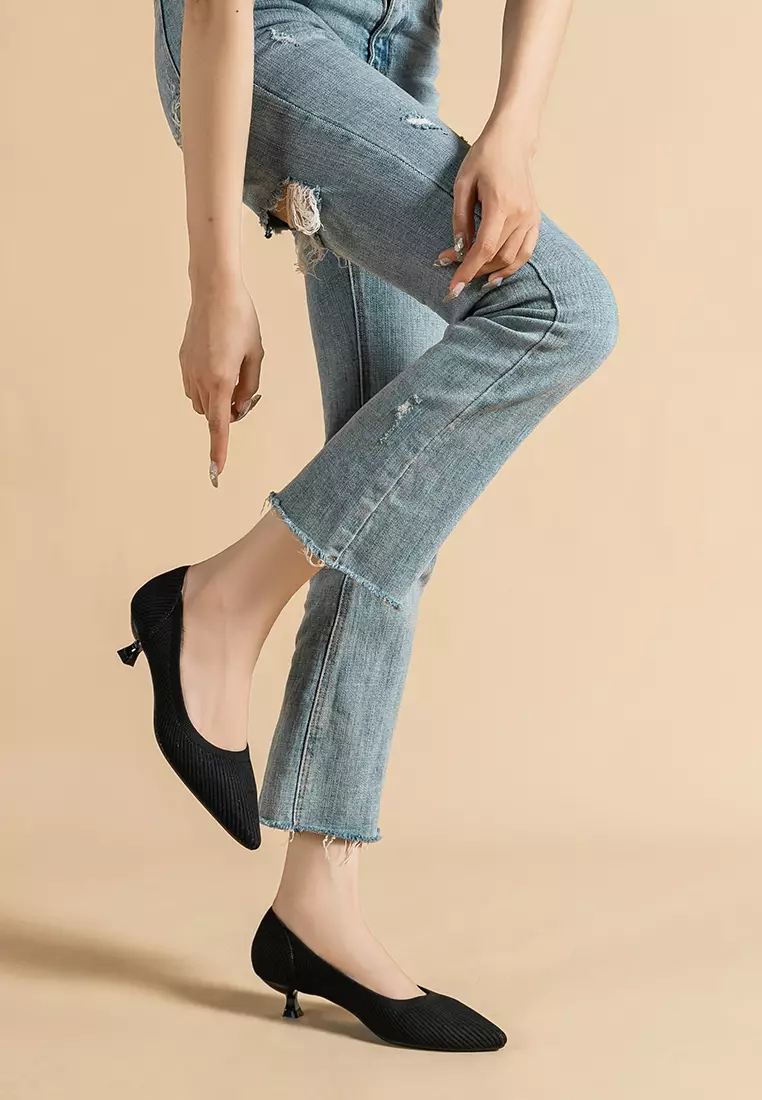 3.5CM ‌Pointed-toe Fly Knit‌ Kitten Heels‌ TJ1507