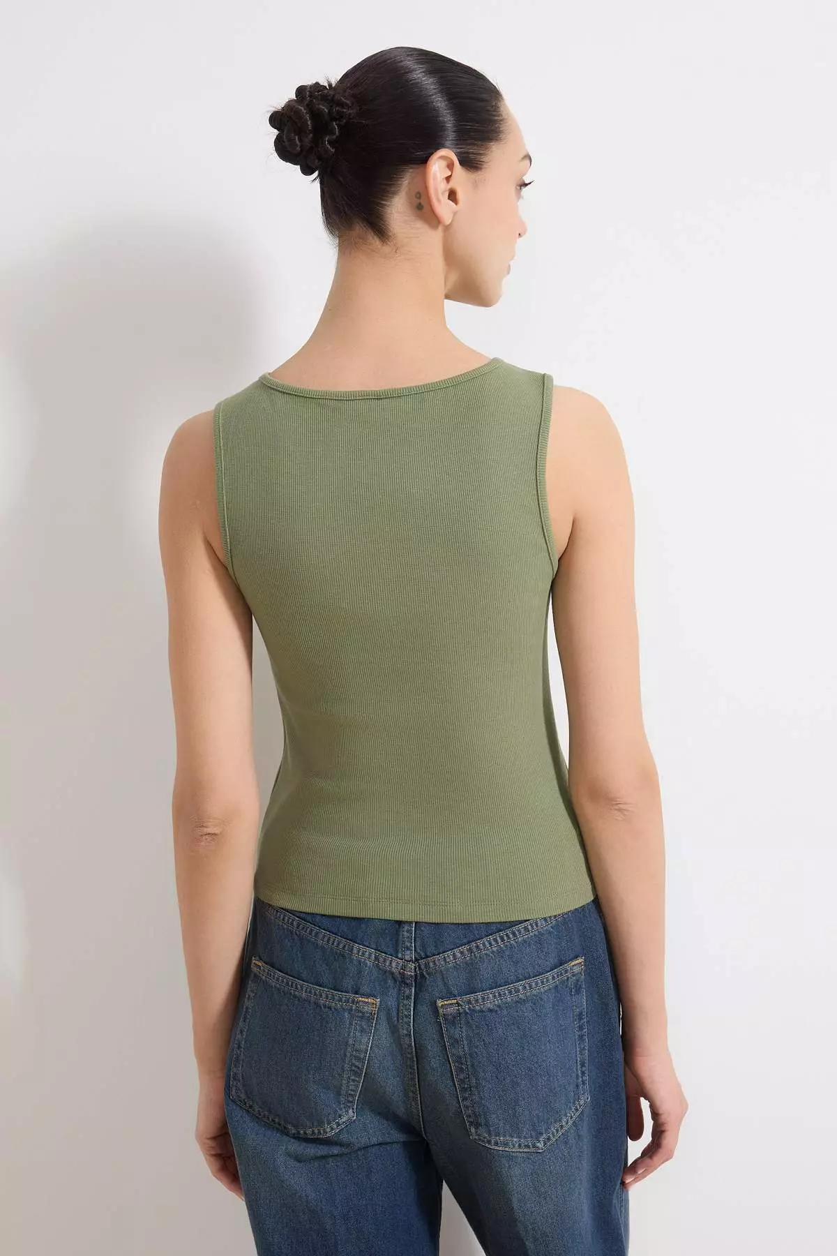 Khaki Buttoned Fitted/Bodycon Corded Fabric Stretchy Knitted Blouse Twoss24Bz36