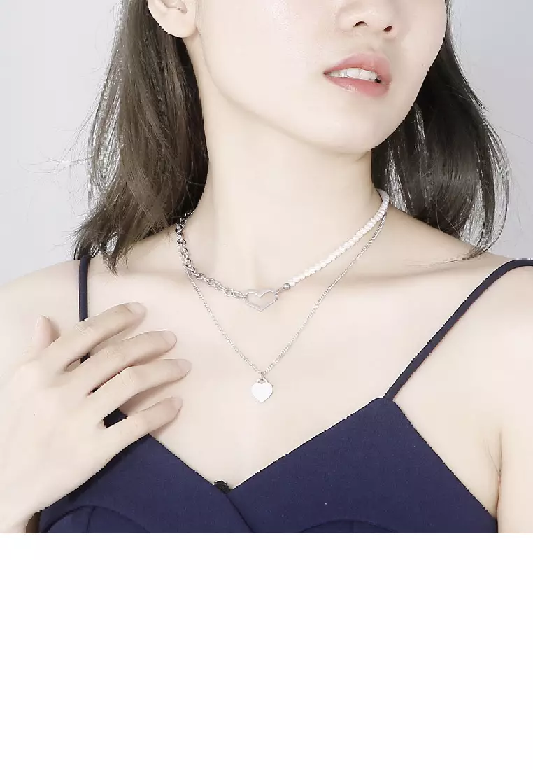 Fashion Temperament 316L Stainless Steel Heart Pendant with Imitation Pearl and Double Layer Necklace