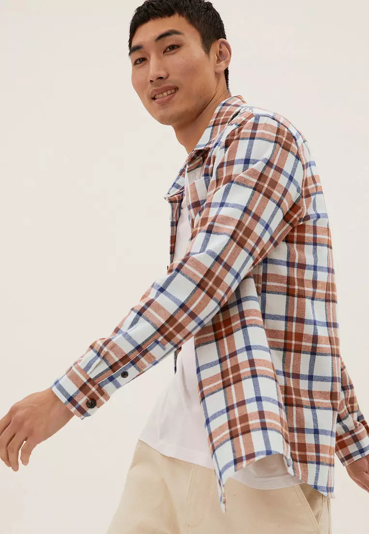 Brushed Cotton Twill Check Overshirt