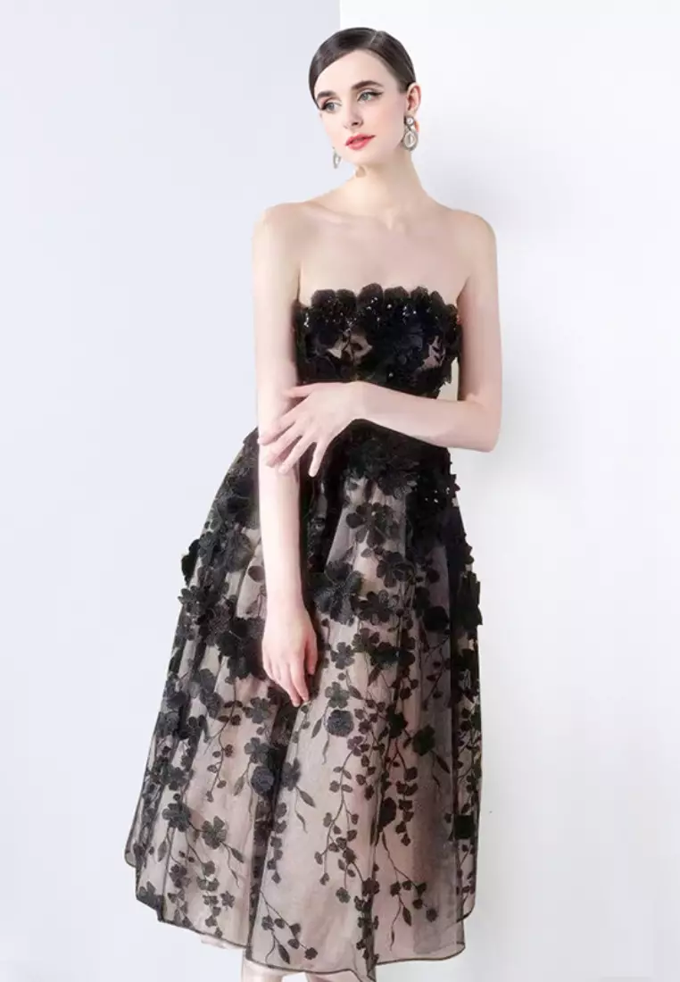 新品花朵公主刺繡抹胸連衣裙CA26022412BK