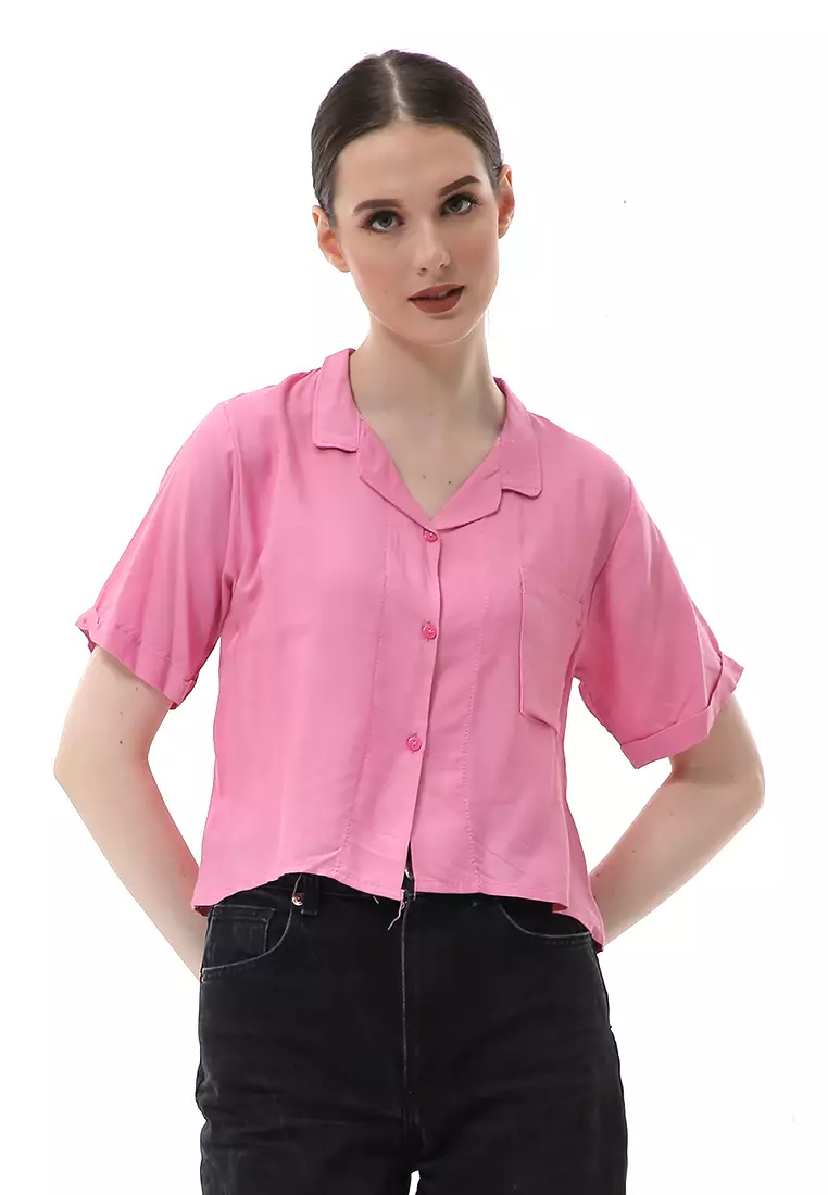 Melinda Kemeja Crop Top Atasan Wanita Motif Polos Relaxed Fit - Pink