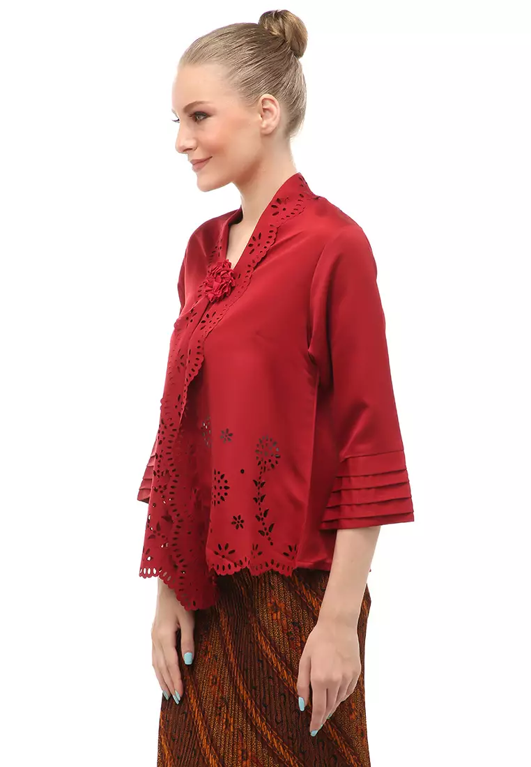 Jual Evernoon Frodine Kebaya Laser Cut Aksen Bunga Atasan Wanita Casual Premium Quality Merah