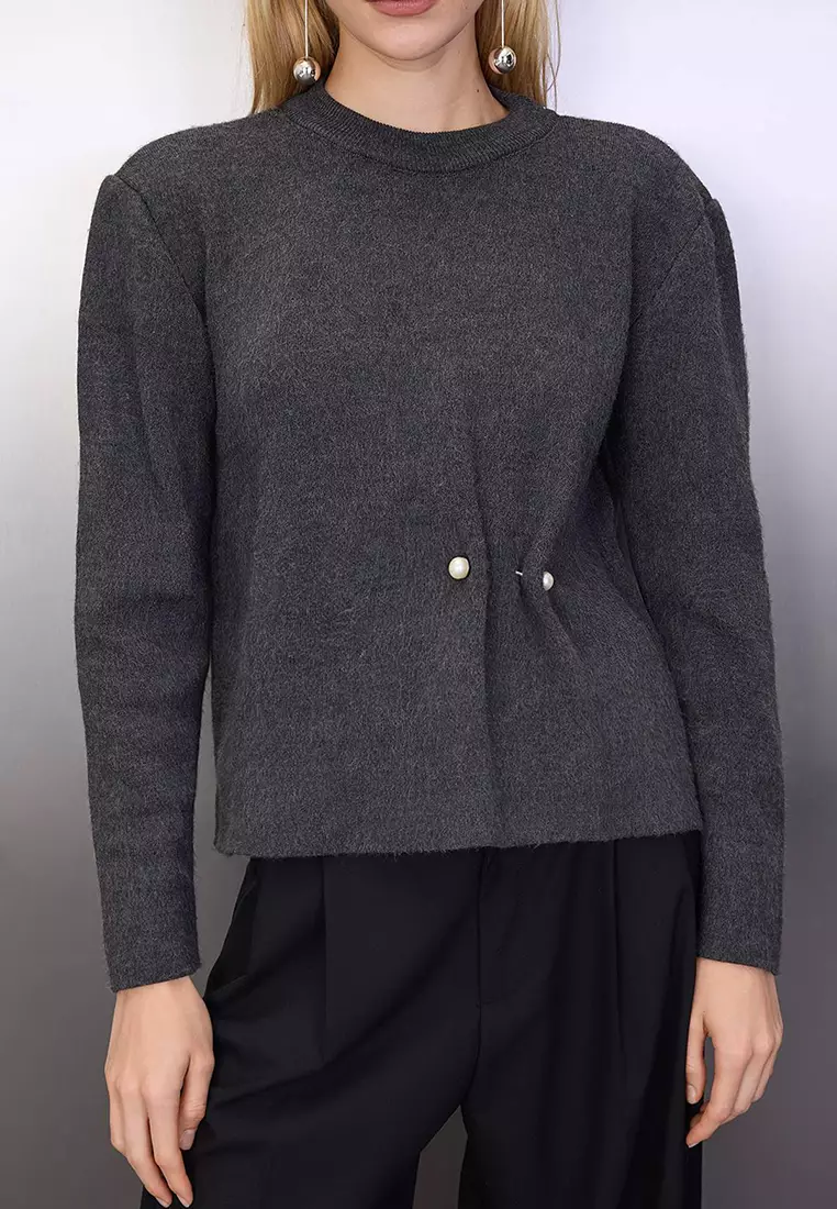 Anthracite Soft Texture Accessory Detailed Knitwear Sweater