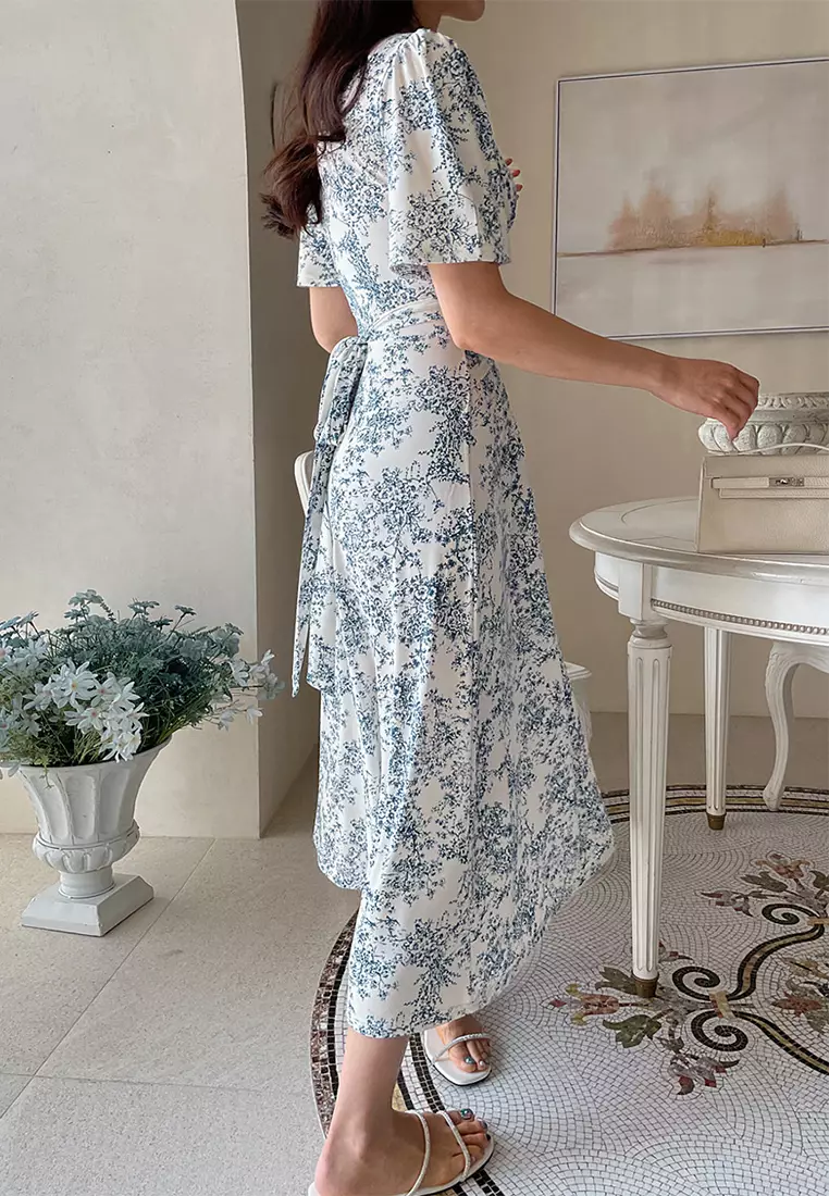 French style ink printed lace up dress CA25032714BL