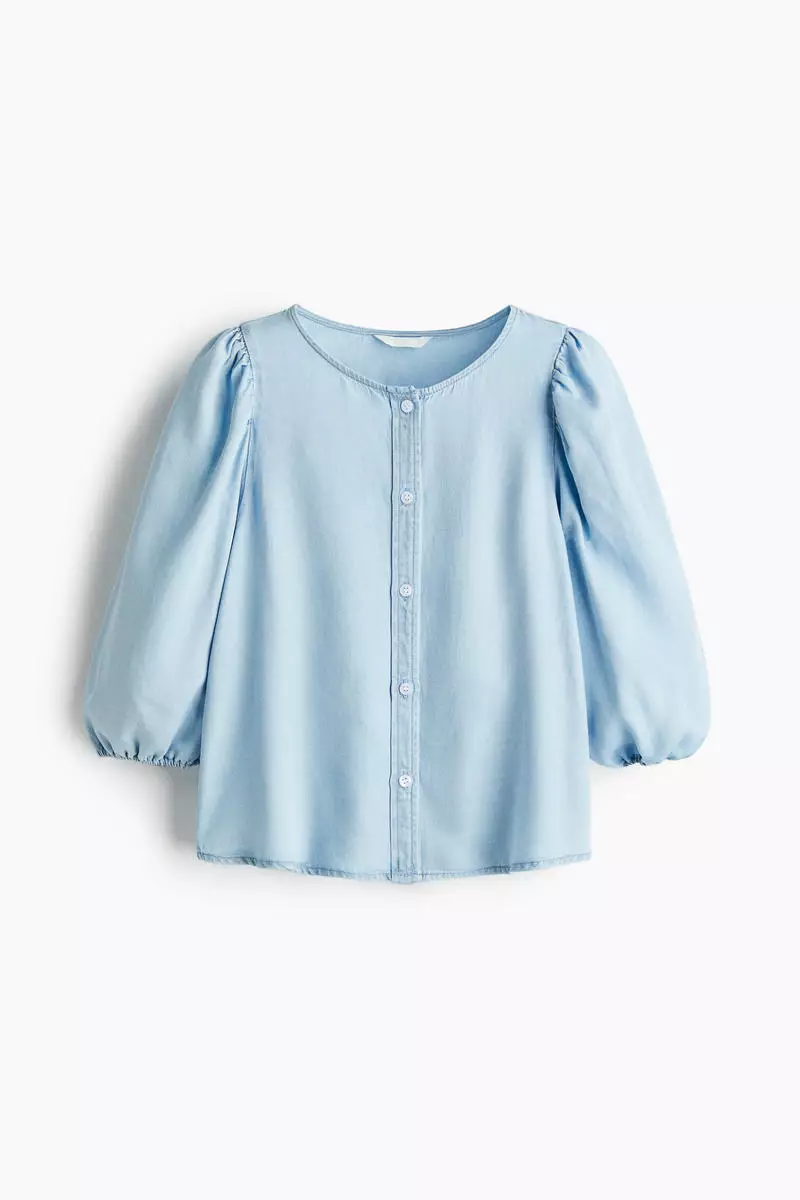 Balloon-sleeved denim blouse