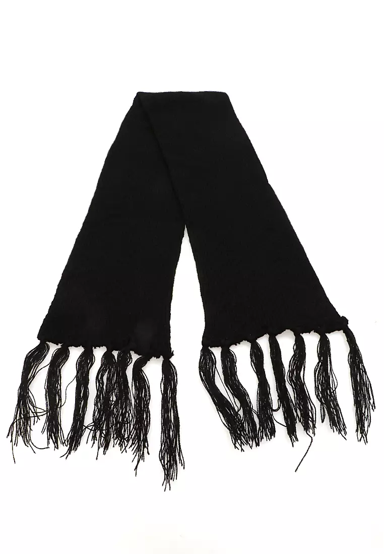 Syal Wanita Motif Polos Aksen Rumbai Shawl Rajut Lembut Fashion Women - Hitam