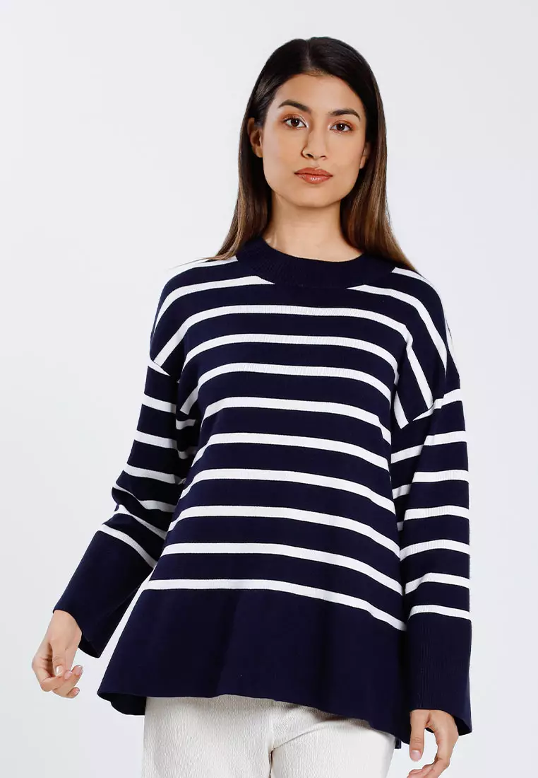 Forest Ladies Striped Knit Top Women Long Sleeve Knitted Sweater | Baju Perempuan Lengan Panjang - 822446-33Navy
