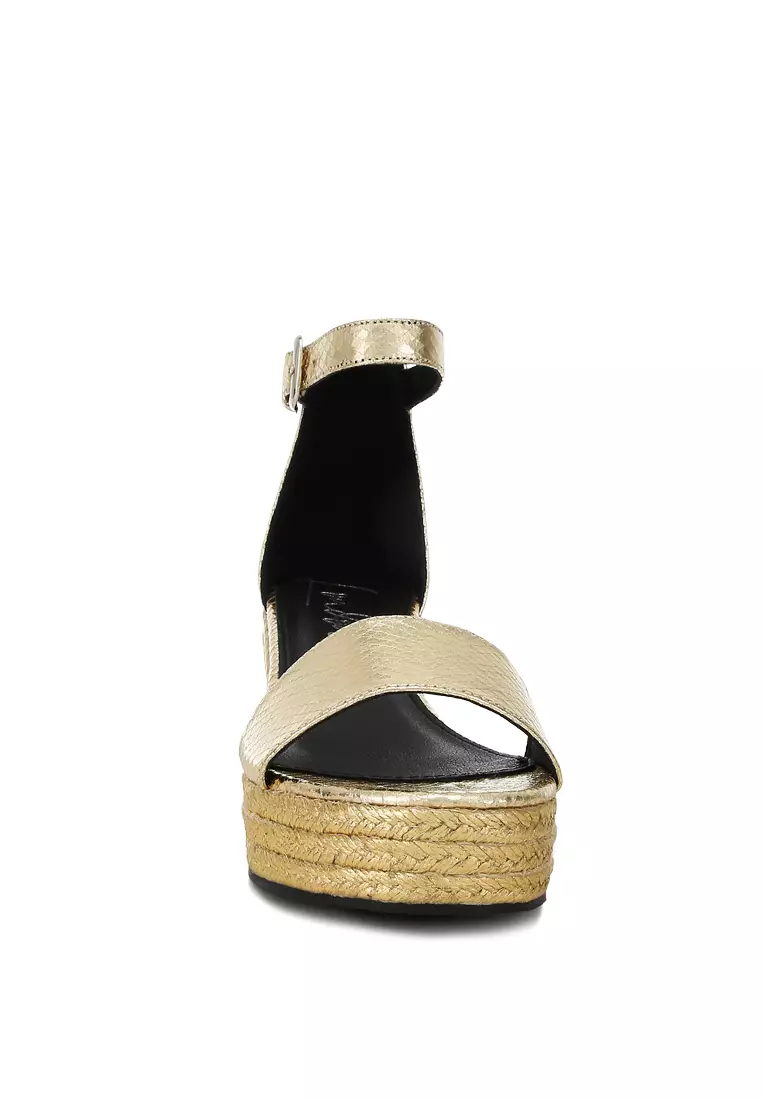 Gold Faux Leather Snake Wedge Espadrilles
