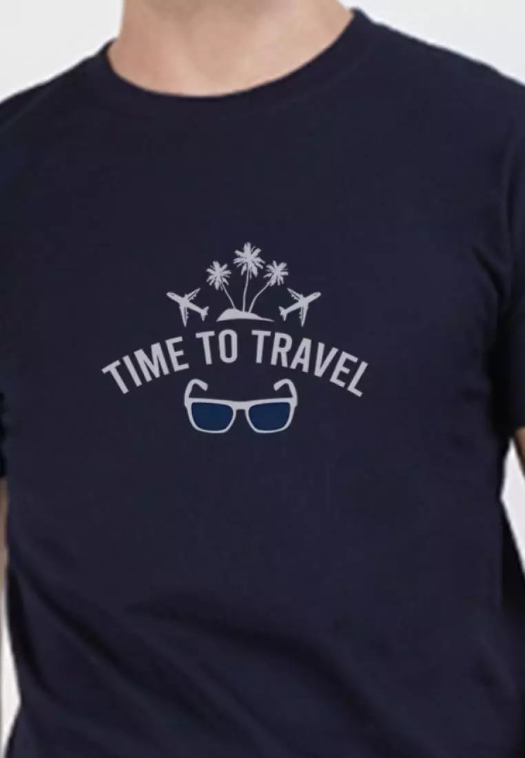 Time To Travel Graphic Navy Blue Cotton Short Sleeve Regular Fit T-Shirt