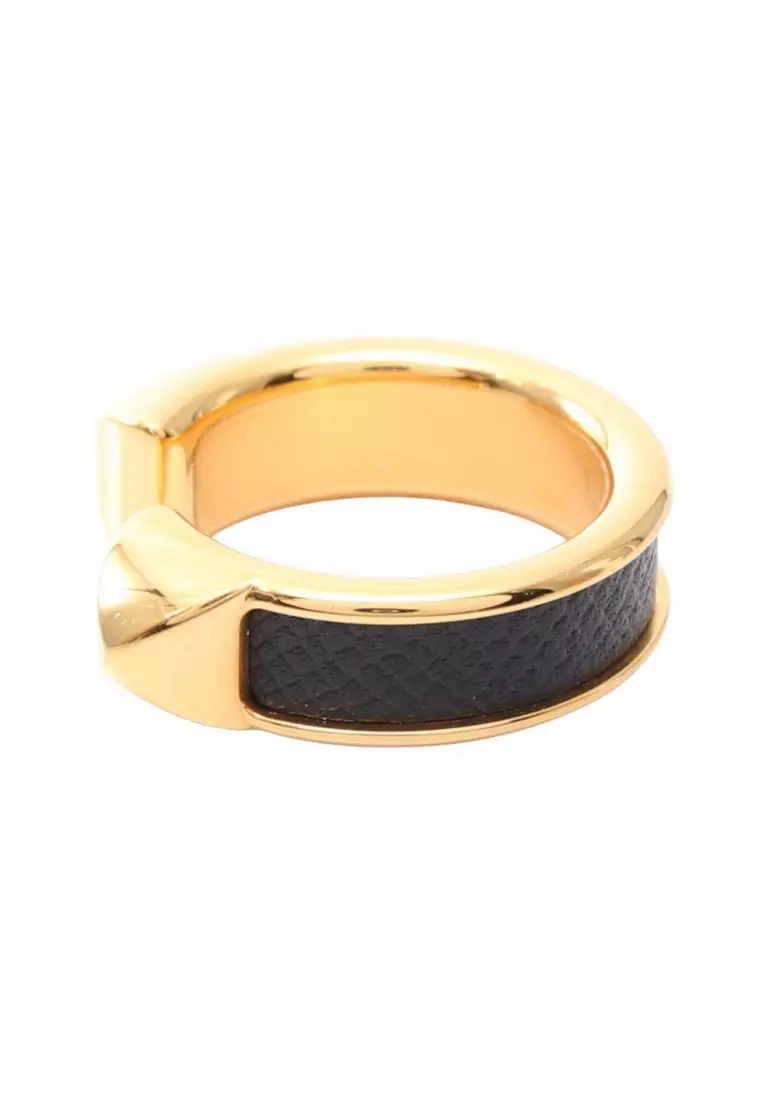 Pre-Loved Hermès Athena Double crew ring ring GP leather gold black