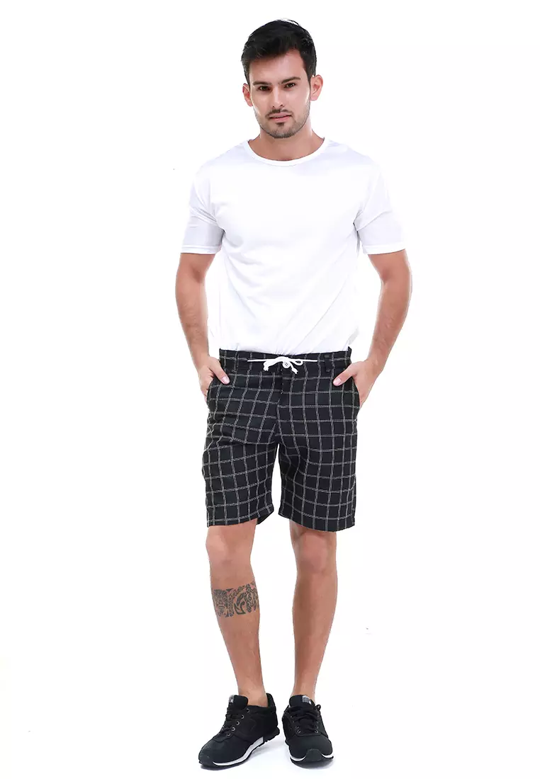 Rissham Celana Pendek Chino Pria Motif Tartan Casual Short Pants Material Cotton ORIGINAL - Black