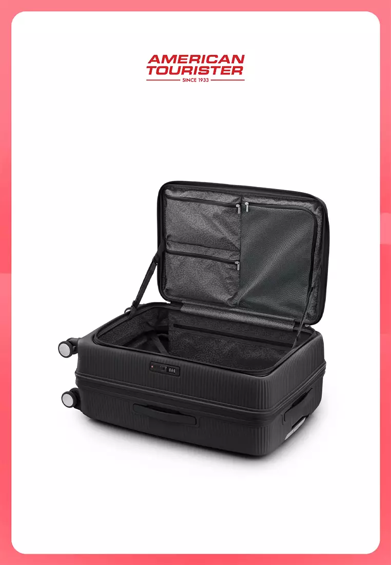 American Tourister Koper Hardcase Curio V2 Large Black + PWP Luggage Cover Book Opening L Blue