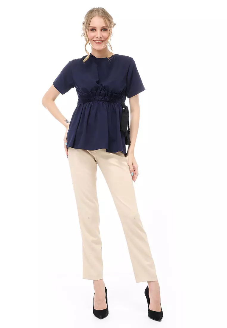 Cheva Blouse Atasan Wanita Kasual Pinggang Karet Pita Ikat Simple Material Wolfis ORIGINAL - Navy