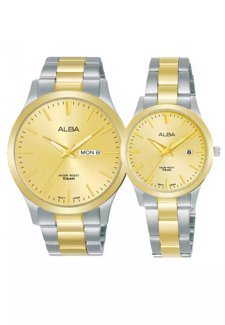 Jam Tangan Couple Alba Original Garansi Resmi AJ6126X1 AH7Y02X1 Strap Stainless Steel Silver Gold