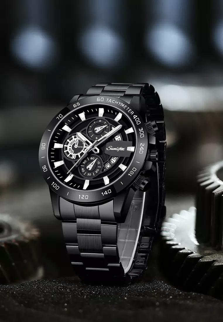 Jam Tangan Pria Quartz Kalender Bercahaya Olahraga Tali Stainless Steel Jam Tangan Cowok SL3321 allblack