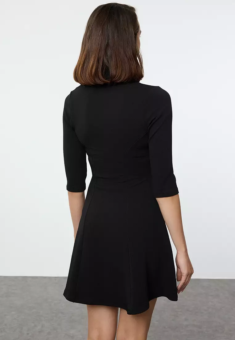 Black Polo Neck Skater/Waist Open Mini Knit Dress