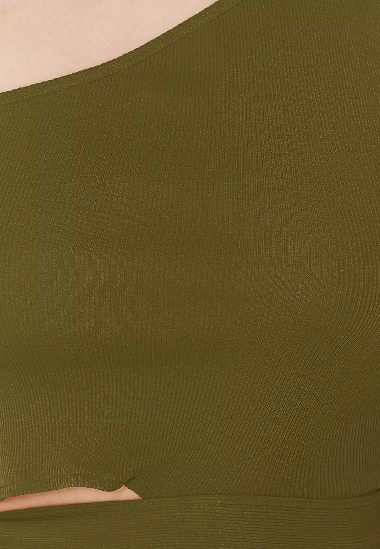 Oil Green One Shoulder Fitted Tie Detail Ribbed Knitted Blouse