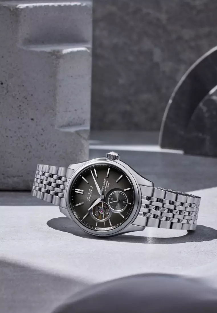 Seiko Presage Classic Series Semi-Skeleton ‘Sumiiro’ Open Heart Design Stainless Steel Band Automatic Watch SPB471J1
