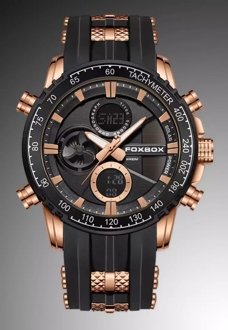 FOXBOX Unisex Analogue/Digital Chronograph Stainless Steel Quartz Watch, Black Dial, Silicone Bracelet