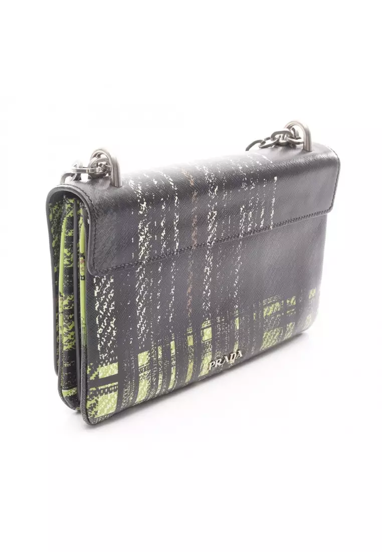 Pre-Loved Prada chain shoulder bag leather black yellow-green multicolor