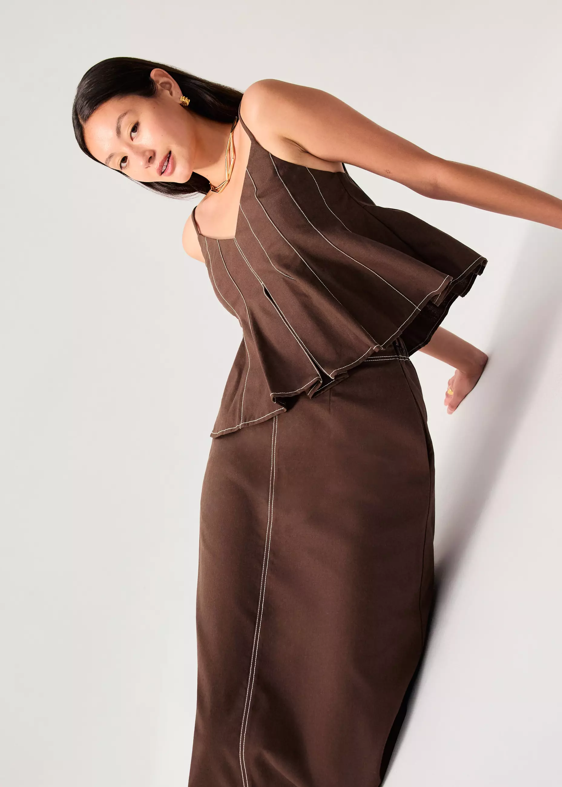 Rok Wanita - Elastic Contrast Stitch High Waist A-line Maxi Skirt