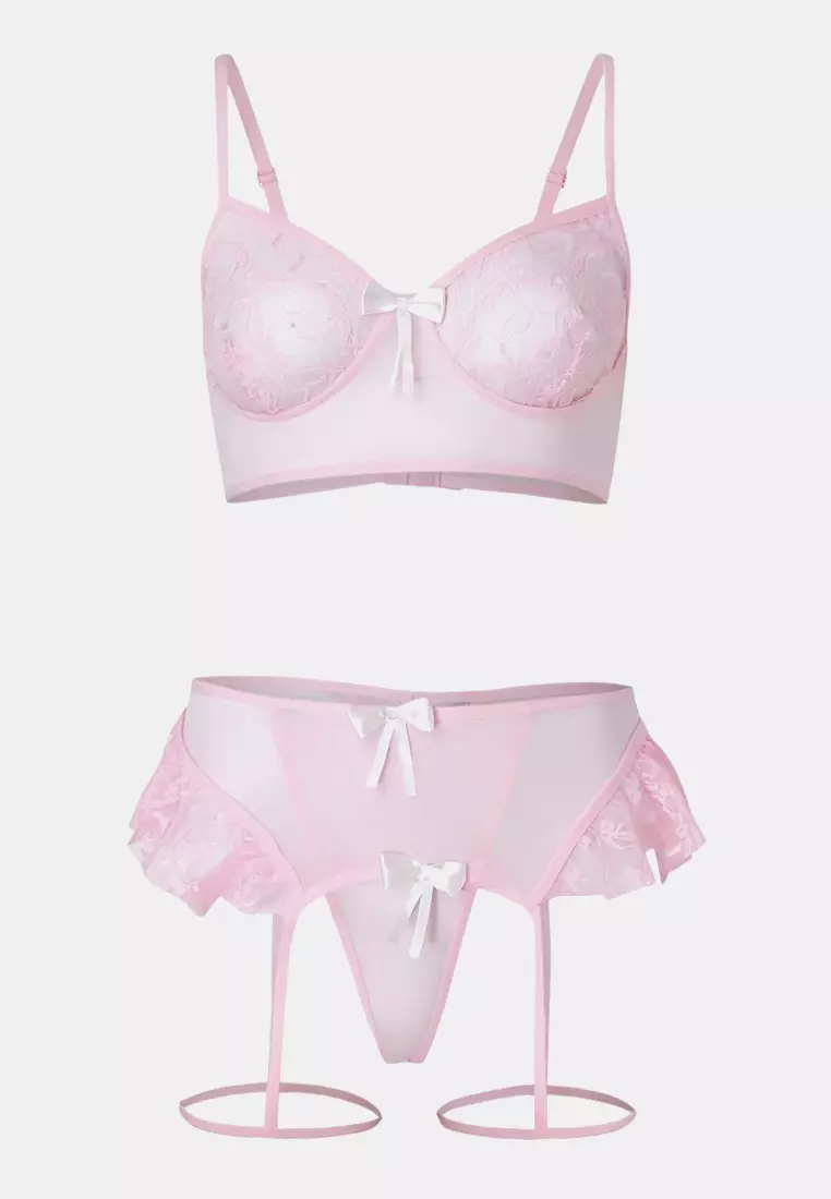 Pink Ribbon Detailed Leg Banded Ruffle Capless Lace Fancy Lingerie Set Thmaw26Bd4