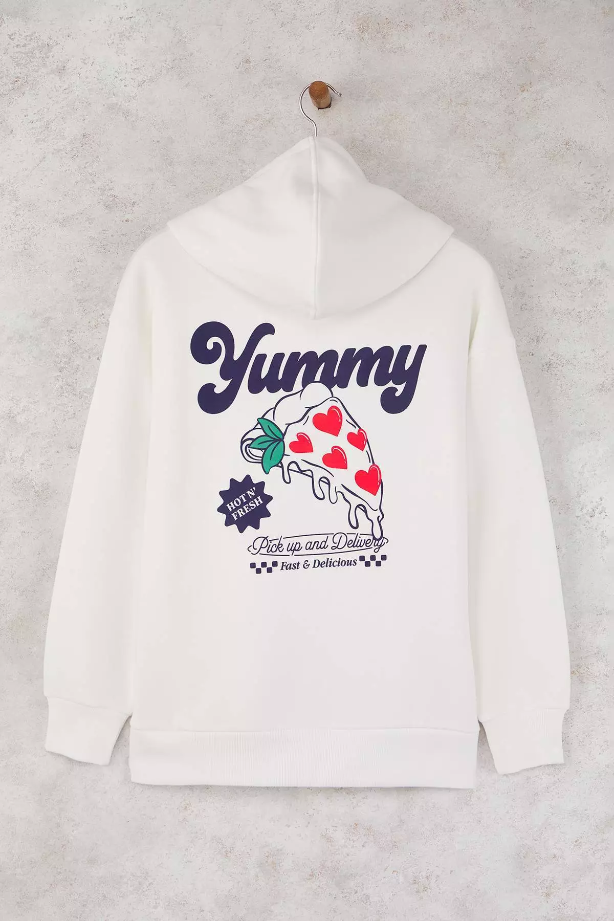 Teen Ecru Back Printed Oversize/Wide Pattern Hooded Knitted Sweatshirt