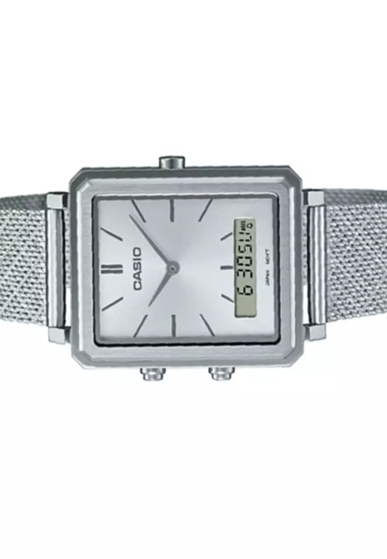 Men's Analog-Digital Watch MTP-B205M-7E Silver Stainless Steel Mesh Band Watch for men