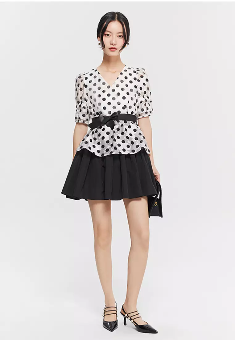 Two Tone Polka Dot Front Wrap Dress with Waist Tie