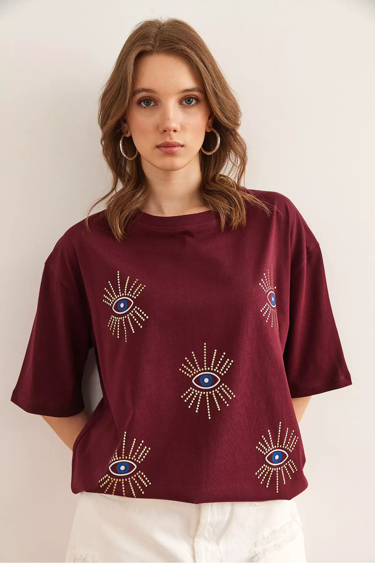Women's Burgundy Eye Printed Foil Detailed T-Shirt Tsh- 19000770