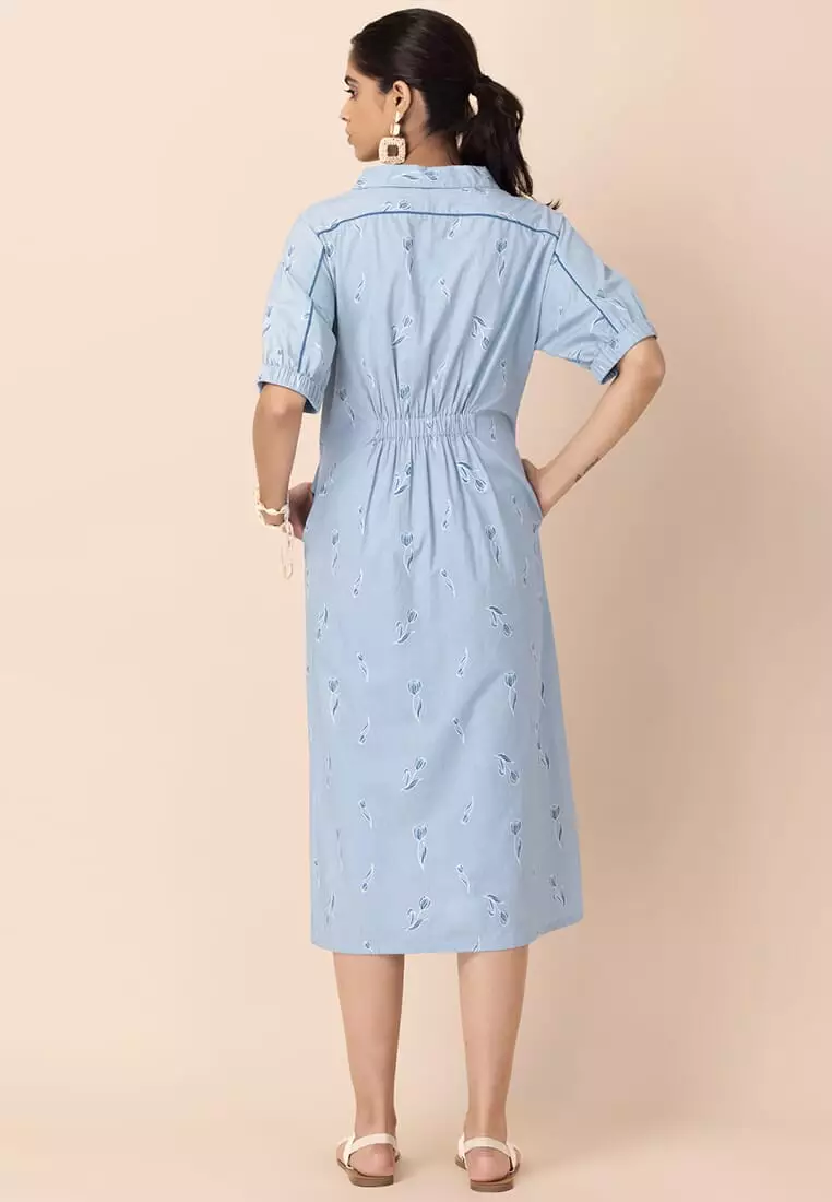 Blue Floral Buckled A-Line Dress