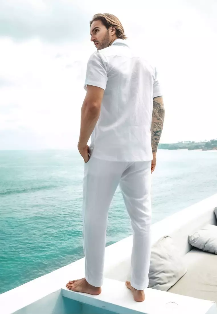 Uluwatu Set Kemeja Celana Linen Pria Putih | Linen Set Men White