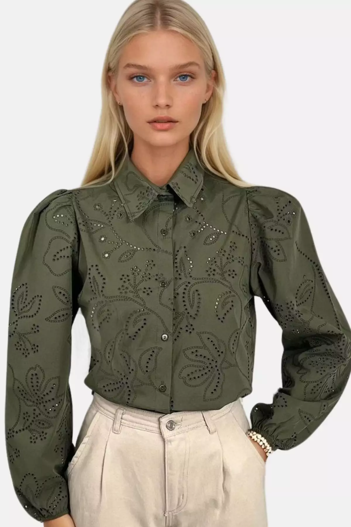 Women's Green Guipure Woven Premium Shirt Alc-X4366