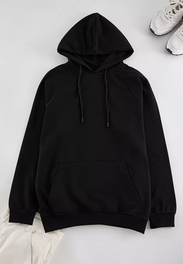 Black Basic Oversize/Wide Cut Hooded Sweatshirt with Fleece Inside TMNAW23SW00192