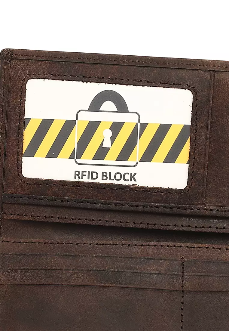 Genuine Leather RFID Long Wallet - Brown