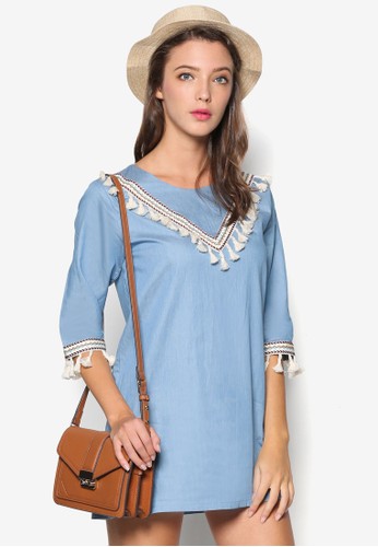 流蘇丹寧直筒連身裙, 服飾, 夏日洋zalora 衣服評價裝