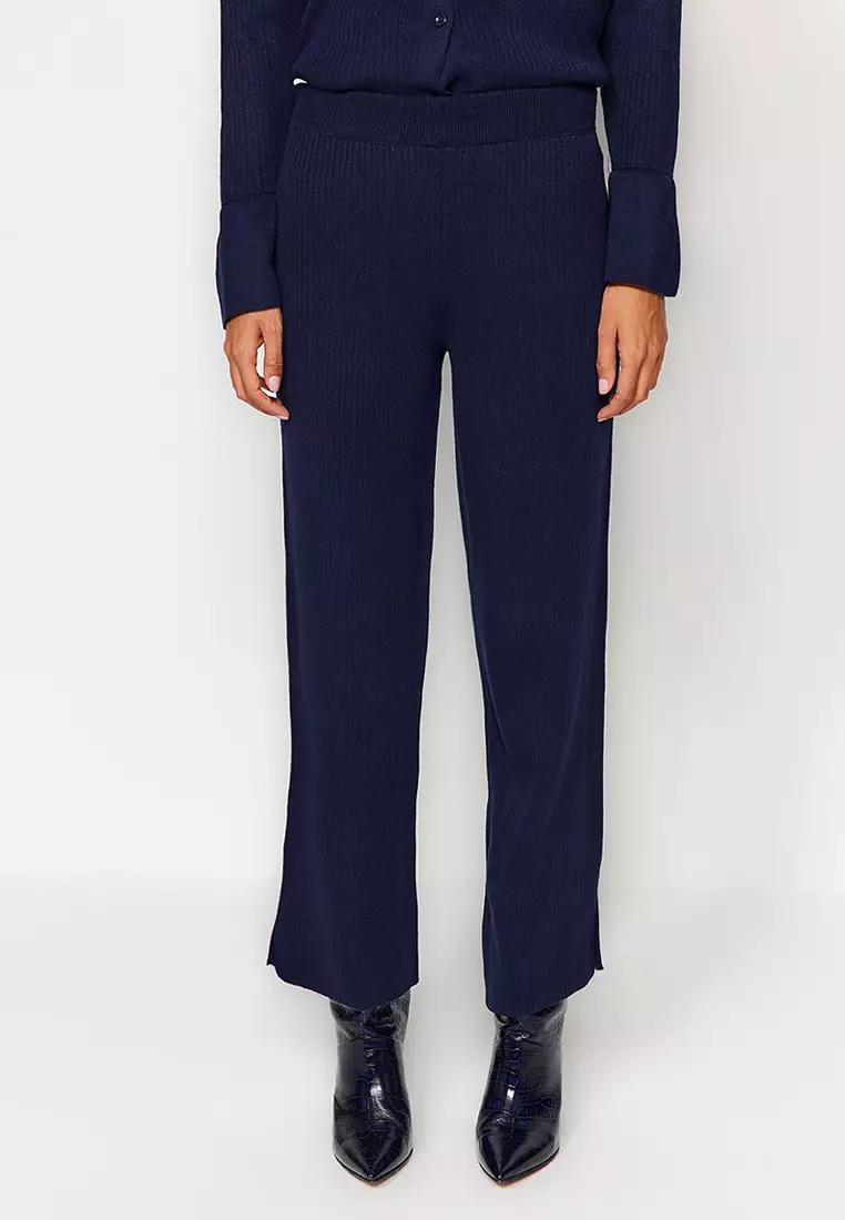 Navy Blue Slit Detailed Cardigan-Pants Knitwear Suit TCTAW23US00028