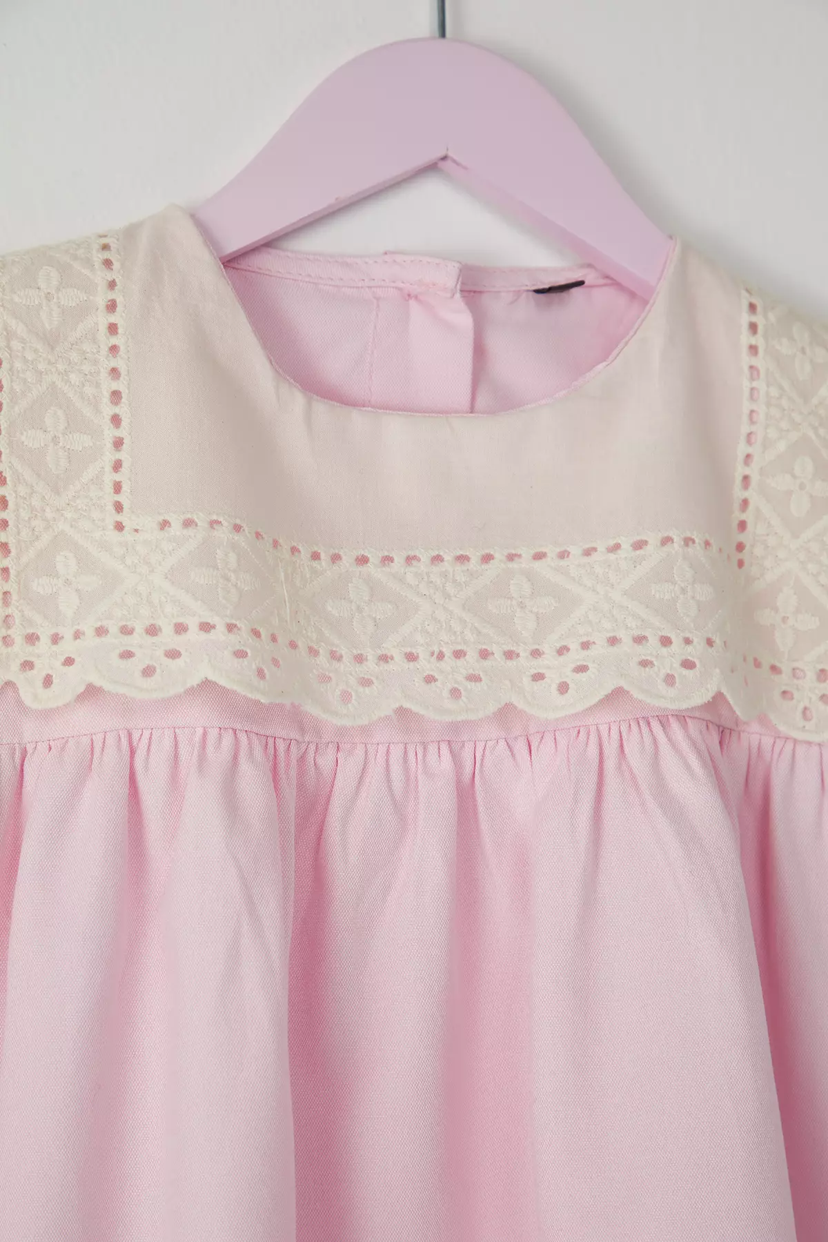 Pink Girl's Cotton Brode Detailed Short Sleeve Mini Knitted Dress Tkdss25El00020