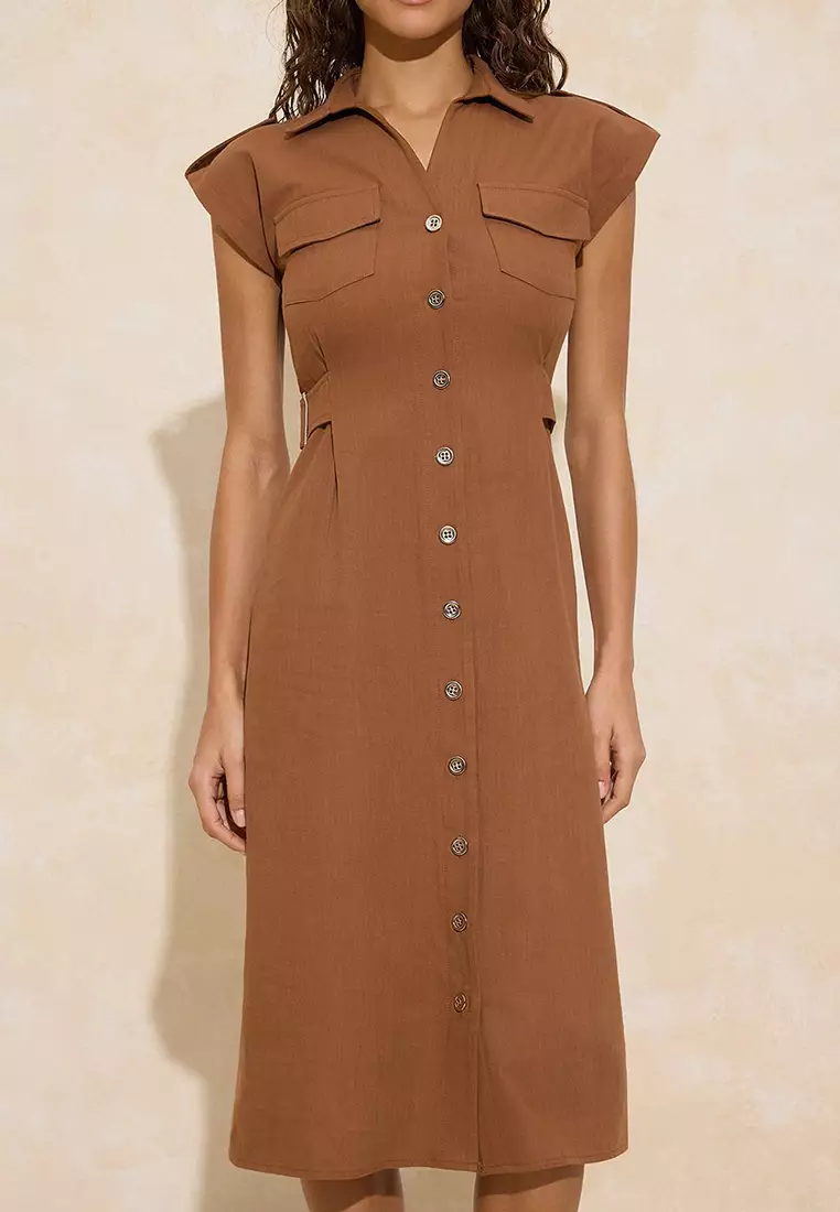 Brown Accessory Detailed Midi Woven Shirt Dress Twoss26El125