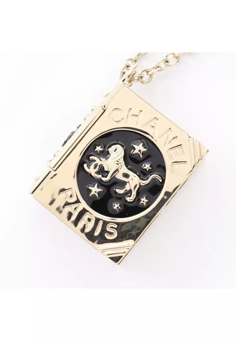 Pre-Loved Chanel coco mark book motif necklace GP gold black B22C