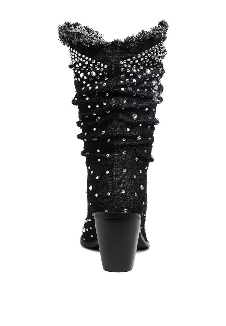 Diamante & Rhinestones Denim Boots in Black